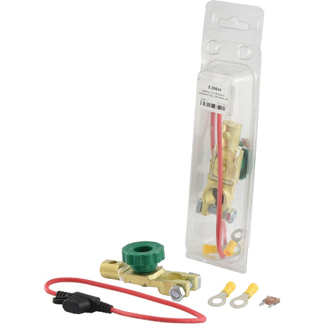 The Battery Cut Off Switch - Standard Duty, 100 Amps, 24V (Agripak) - S.28644 by Sparex includes a brass switch with a green knob, a red wire with connectors, and several small accessories. This set is suitable for various vehicles and is shown both in and out of its packaging.