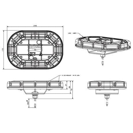 Technical diagram of the Sparex LED Micro Hazard Light, model S.28671, showing top, front, side, and bottom views with labeled dimensions and key components. Suitable for understanding manufacturing information and ensuring accurate assembly for the product's multiple-flash function operating at 12-24V. Note: Interference is not classified.