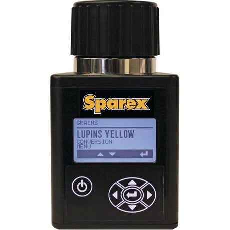 A digital grain moisture meter labeled "MT-PRO+ Grain Moisture Tester - S.28675" displaying "Lupins Yellow" on its screen. The device, from the brand Sparex, has buttons below the screen, a large knob on top, and detailed manufacture information.