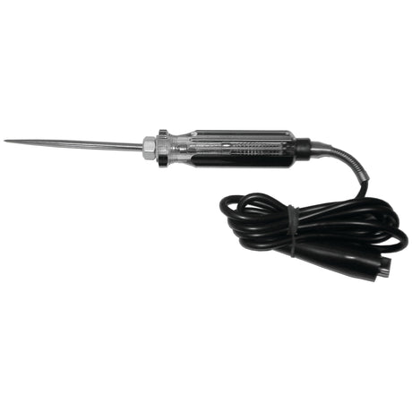 Introducing the Heavy Duty Circuit Tester - S.28681 from Sparex, a handheld metal electrical tester with a black handle and a long pointed tip, ideal for precise diagnostics. It features an attached coiled black cable for optimal flexibility. Designed for professional use, this tester meets top product specifications.
