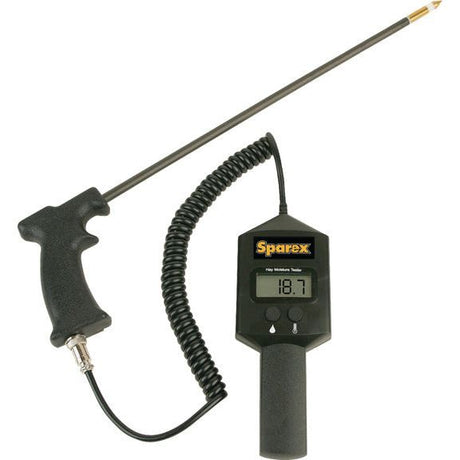 The Sparex Hay Moisture Tester - Portable (S.28716) is a handheld digital moisture meter with a coiled cable, featuring a long probe and a display screen reading "18.7," accompanied by detailed product specifications.