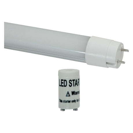 The Sparex LED Tube, 600mm, 9W, 980 Lumens - S.28749, suitable for various settings, is displayed with a white cylindrical LED starter lying beside it against a plain white background.