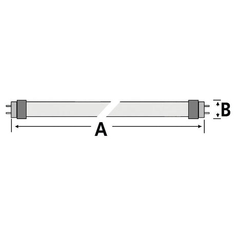 Diagram of the LED Tube, 600mm (length: A) by 9W with a diameter labeled as B. Both ends of the tube feature two prong connectors. Suitable for use in residential and commercial settings. Product Name: S.28749, Brand Name: Sparex – emits 980 lumens.