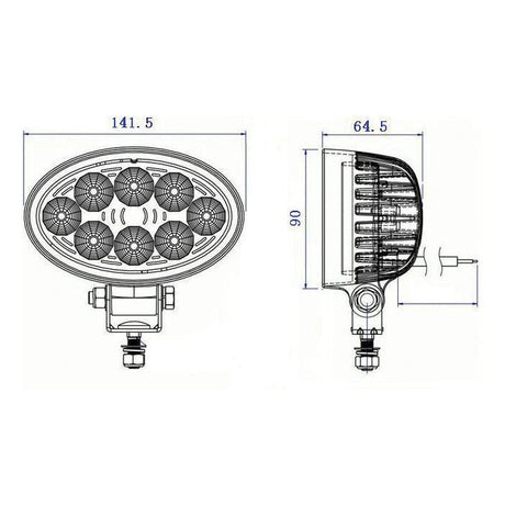 Technical drawing of the Sparex LED Work Light (S.28767), demonstrating front and side views with precise product specifications: 141.5mm width, 64.5mm depth, and 90mm height. The front view features seven LED bulbs providing 2400 lumens raw output, compatible with a voltage range of 10-30V, and classified as Interference Class 3. This detailed design is suitable for various applications requiring accurate dimensions and technical information.