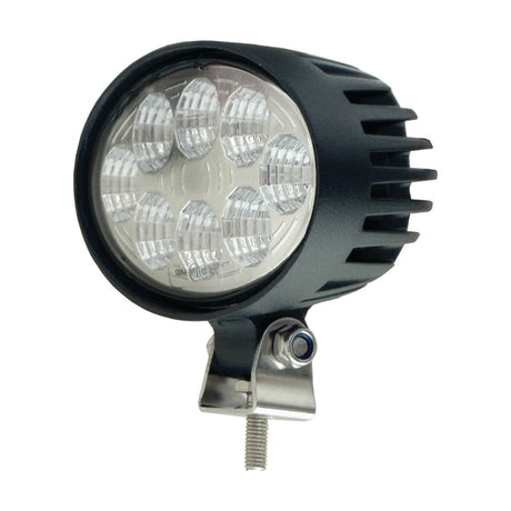 The Sparex LED Work Light (S.28767), offering 2400 lumens raw and Class 3 interference capabilities, features eight individual diodes in a round, black finned casing and is mounted on a metal bracket, making it suitable for various applications within the 10-30V range.