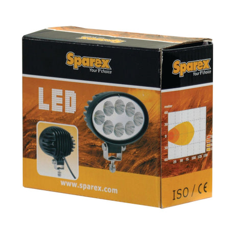 Box packaging for the Sparex LED Work Light (S.28767), showcasing the product image, branding, and certification marks (ISO, CE). It includes product specifications such as Class 3 interference, 2400 lumens raw output, and a voltage range of 10-30V, highlighting its quality and performance.