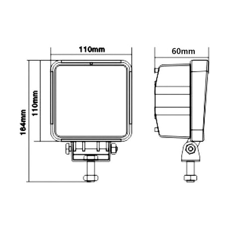 Technical drawing of the LED Work Light (Sparex S.28768) with dimensions labeled: 164mm height, 110mm width, and 60mm depth. Side and front views are shown. Suitable for various applications, the product specifications provide detailed manufacturing information. This work light achieves Class 3 interference compliance and delivers a raw output of 4000 lumens within a voltage range of 10-30V.