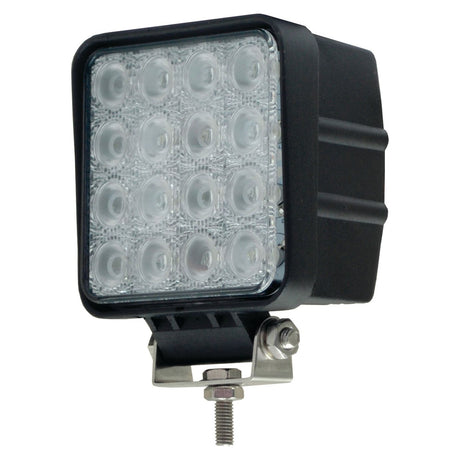 The Sparex LED Work Light, model S.28768, features a grid of 16 bulbs in a square configuration within a black housing. It includes a metal mounting bracket and bolt at the base, making it suitable for various applications. This product boasts an interference rating of Class 3, delivers 4000 lumens of raw light output, and operates within a voltage range of 10-30V, ensuring robust design and durability.