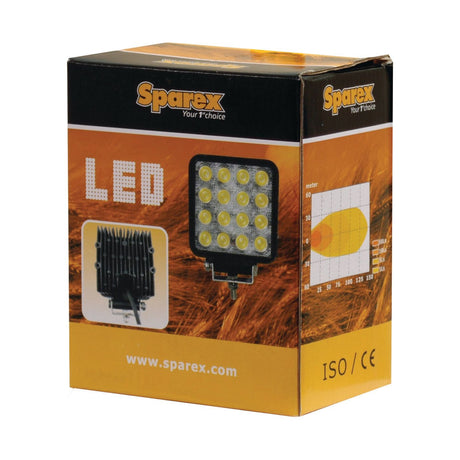 A box of a Sparex LED Work Light (Model S.28768) with product images, branding, and detailed specifications such as 'Interference: Class 3', '4000 Lumens Raw', and '10-30V' printed on the sides.