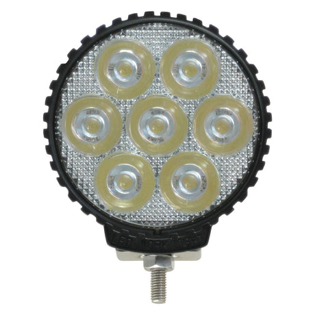 The Sparex LED Work Light, S.28769, features seven bulbs arranged in a circular pattern and is encased in a black frame with a mounting bolt at the bottom. This Class 3 interference light offers reliable performance and longevity, operating at 3030 lumens raw with a voltage range of 10-30V, making it suitable for various applications.