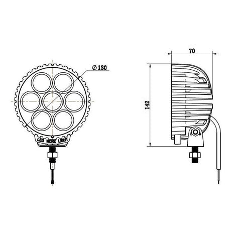 A technical drawing of the Sparex LED Work Light (S.28769) shows both the front and side views with detailed dimensions. This round work light, with a diameter of 130mm and a height of 142mm, features six circular bulbs and produces 3030 lumens raw within an interference classification of Class 3, operating on a voltage range of 10-30V. Suitable for various applications, this comprehensive diagram facilitates precision manufacturing.