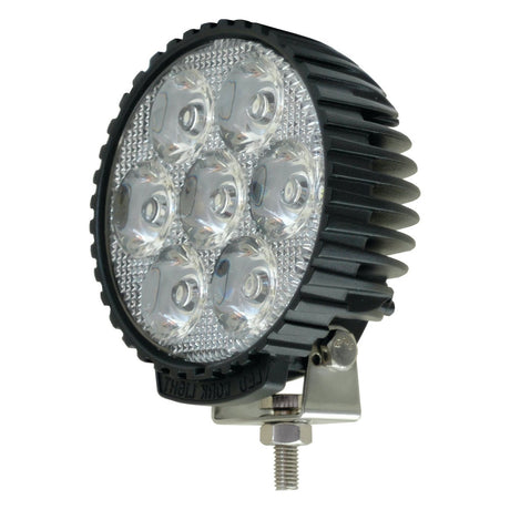 The Sparex LED Work Light, model S.28769, features seven individual LED bulbs and delivers a raw output of 3030 lumens. Housed in a black, ribbed casing with a mounting bracket and screw at the base, it operates within a voltage range of 10-30V. This Class 3 interference-rated unit is suitable for various applications and ensures reliable performance.