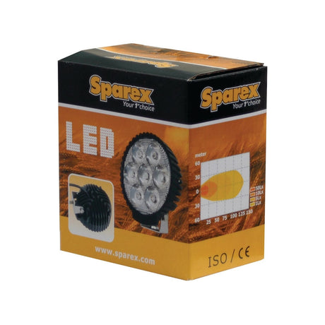 A box of Sparex LED Work Light, featuring a circular design, displays product specifications and beam pattern on the side. Suitable for various applications, the packaging also showcases ISO and CE certification logos. The product details include Class 3 interference, 3030 lumens raw output, and compatibility with 10-30V power sources.

