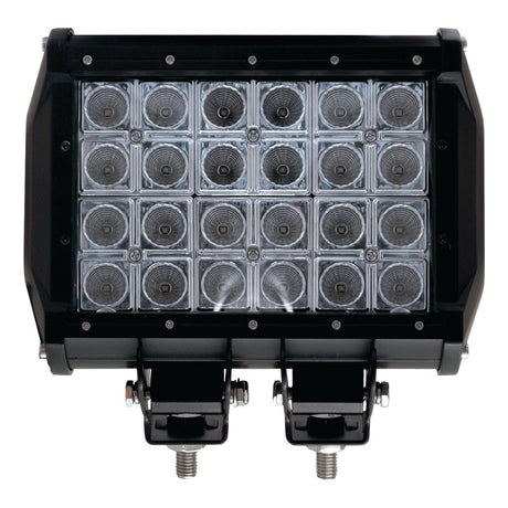 The Sparex LED Work Light, product code S.28770, is a rectangular floodlight featuring 24 individual light modules arranged in a 6x4 grid. It is mounted on a bracket with two attachment points and is suitable for both indoor and outdoor use, providing a raw brightness of 7200 lumens at an input voltage range of 10-30V.