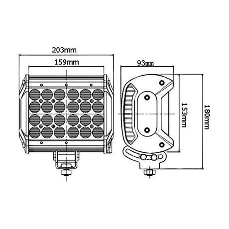 Technical diagram of the LED Work Light (Sparex S.28770), showing front and side views with dimensions labeled: 203mm width, 159mm height, 93mm depth, 153mm side height, and 180mm total height. Manufacture information available upon request.