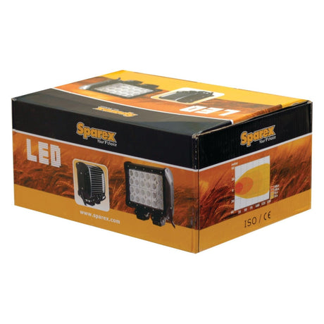 A rectangular box labeled "Sparex LED Work Light, 7200 Lumens Raw, 10-30V () - S.28770" with images of LED lights on the front, showing product details and manufacture information. The box features an orange and black design.