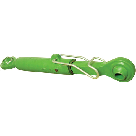 The Top Link Heavy Duty (Cat.2/2) Ball and Ball, M36 x 4.00, Min. Length: 530mm - S.28781 from Sparex is a green metal hydraulic cylinder featuring two eyelets with safety clips on each end, making it suitable as a mechanical component.
