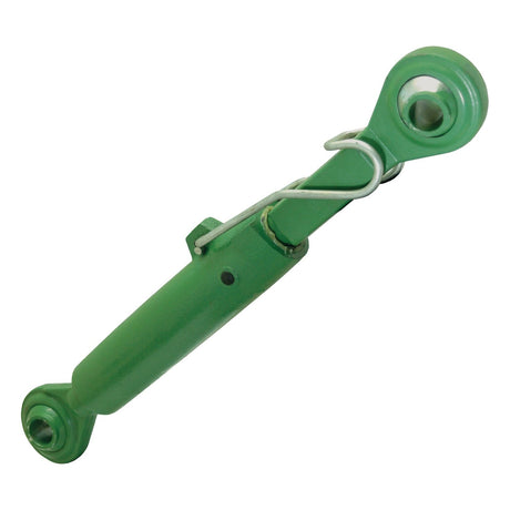 The Sparex Top Link Heavy Duty (Cat.2/2) Ball and Ball, M36 x 4.00, with a minimum length of 530mm (Product Code: S.28781), is a green mechanical part featuring cylindrical ends and a metal wire clip. It is ideal for use in linkage or lever systems.