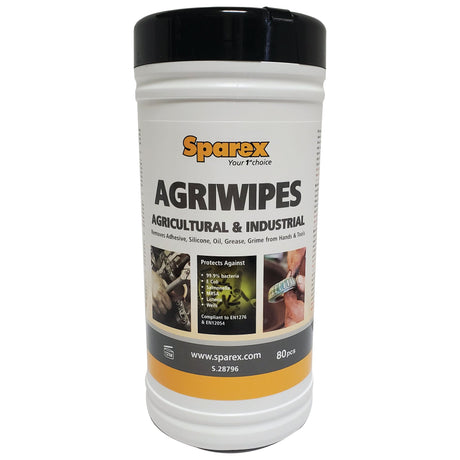 A container of Hand Wipes - Agriwipes by Sparex, part number S.28796, designed for agricultural and industrial use. The label highlights its ability to remove adhesives, silicone, oil, grease, and grime from hands and tools. Contains 80 hand wipes.