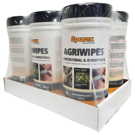 A multi-pack of Sparex Hand Wipes - Agriwipes (Sparex Part No. S.28796), designed for agricultural and industrial cleaning, is displayed in a cardboard tray and wrapped in plastic.