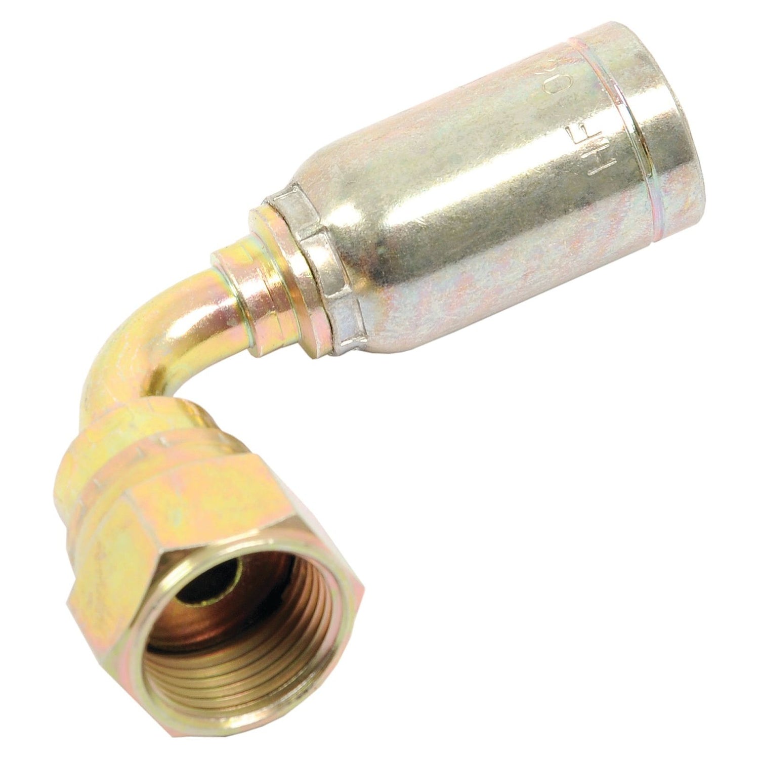 The image displays the Sparex Hose Insert 3/8'' x - S.2881306, a metal hydraulic hose fitting with a 90-degree bend and threaded ends, ideal for connecting hoses in hydraulic systems. For further details, please refer to the manufacturer's information.