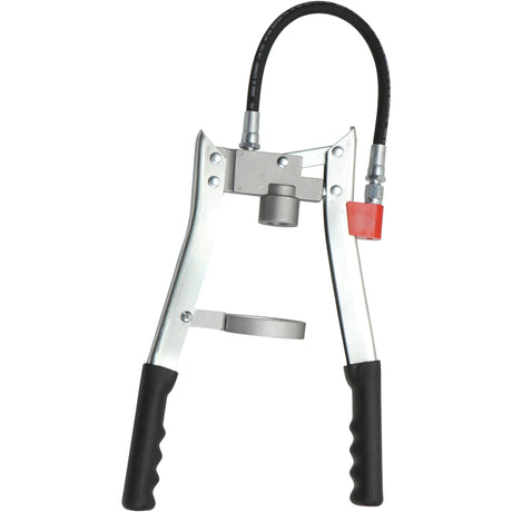 The Sparex Heavy Duty Grease Gun - Twin Handles - S.28862 features black handles, a metal crimping head, and a connected hydraulic hose, making it suitable for various crimping applications.