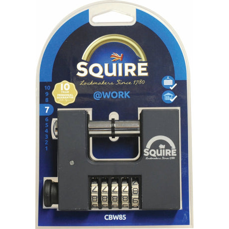 A Sparex Squire Warehouse Padlock - Brass, Body width: 83mm (Security rating: 7) in its packaging, featuring a blue background. The lock is black with a dial combination system, and the packaging includes information on the "10 Year Personal Guarantee.