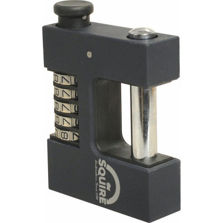 A combination padlock featuring a brass rectangular body measuring 83mm in width, a push button on top, and a visible rotating numerical code mechanism on the side. Suitable for various security needs, the brand name "Sparex" is printed on the lock. The product is known as the Squire Warehouse Padlock with a security rating of 7 (S.28866).