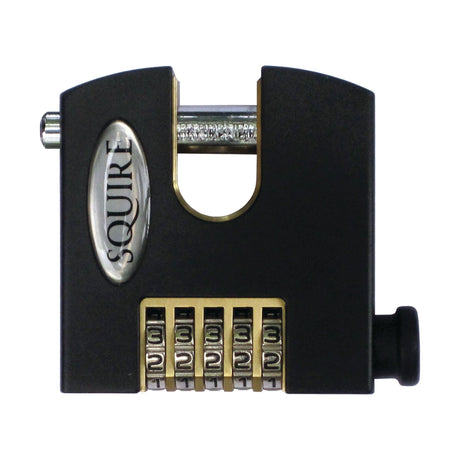 A Squire Recodable Stronghold Padlock by Sparex, featuring a black body with a brass finish around the dials and a 5-digit code. It has a body width of 75mm and a security rating of 7, making it ideal for securing lockers and gates.