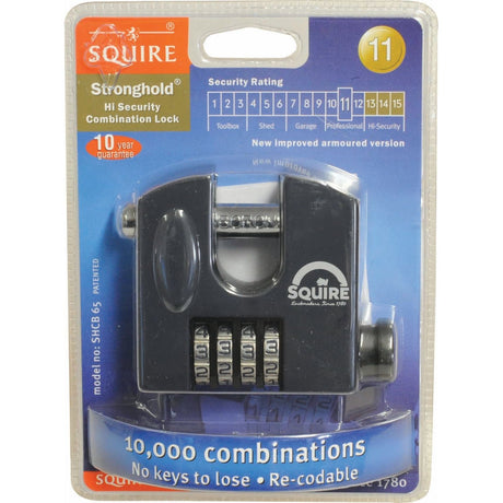 The packaging of the Sparex Squire Recodable Stronghold Padlock - Brass, Body width: 65mm (Security rating: 6), highlights essential features such as its 10,000 possible combinations, keyless operation, re-codable design, and a 10-year guarantee. Ideal for those in need of reliable security.