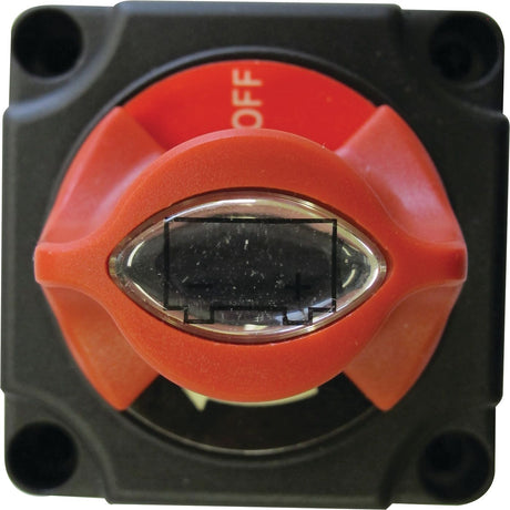 A close-up image of a red plastic Battery Cut Off Switch - Standard Duty, 300 Amps, 48V (S.28890) from Sparex set to the off position, highlighting its precise product specifications.