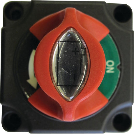 Close-up view of the Sparex Battery Cut Off Switch - Standard Duty, 300 Amps, 48V (S.28890) with a red handle positioned in the middle. The background features black and green sections with "ON" labeled in white. Suitable for various applications, this switch is designed with precision to ensure reliability.
