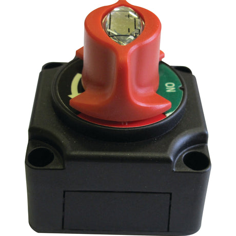 Close-up of the Battery Cut Off Switch - Standard Duty, 300 Amps, 48V (S.28890) by Sparex, showcasing a red rotary switch with a black base set to the "ON" position and featuring a green label. Suitable for various applications, this switch meets all product specifications for reliability and performance.