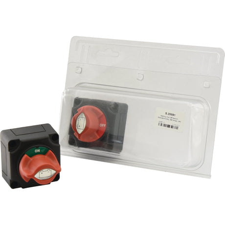 A red and green Battery Cut Off Switch - Standard Duty, 300 Amps, 48V (S.28891), labeled "ON" and "OFF," is shown both outside and inside its clear plastic packaging. Suitable for various applications, this product from Sparex comes with detailed specifications.