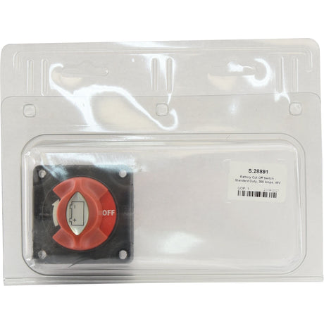 The Battery Cut Off Switch - Standard Duty, 300 Amps, 48V (S.28891) from Sparex comes in its original packaging. The red switch is clearly labeled "OFF." The packaging includes printed product specifications and codes, offering comprehensive information about the manufacture.