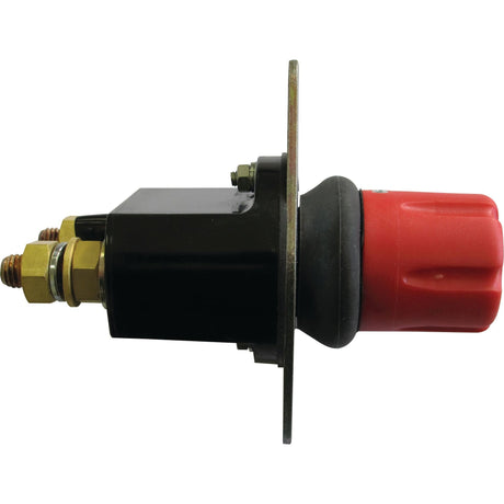 A side view of the Sparex Battery Cut Off Switch - Heavy Duty, 250 Amps, 24V (S.28892), featuring a red knob, two brass terminals, and a black cylindrical body mounted on a metal plate. Suitable for various applications, it combines durability and precision.