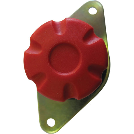 A red, round knob, ideal for various applications, is mounted on a metal plate with two screw holes. This component is part of the Sparex Battery Cut Off Switch - Heavy Duty, 250 Amps, 24V (S.28892).