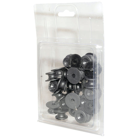 A clear plastic package containing 25 Sparex A'Pak Rubber Tensioner Securing Knobs, with dimensions of 18mm⌀ small, 22mm⌀ large, and a 4mm⌀ hole, and a height of 11mm; suitable for various applications, includes manufacture information for your convenience.