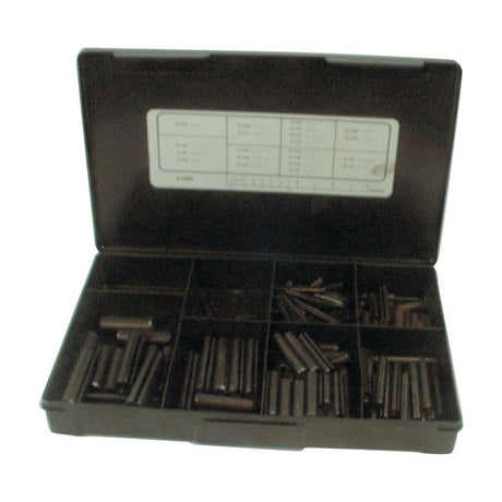 Plastic organizer box with multiple compartments, containing Sparex Imperial Roll Pins - 1/16'' - 1/2'', 172 pcs. (Din: 1481) Handipak; open lid shows a label with product specifications and details.