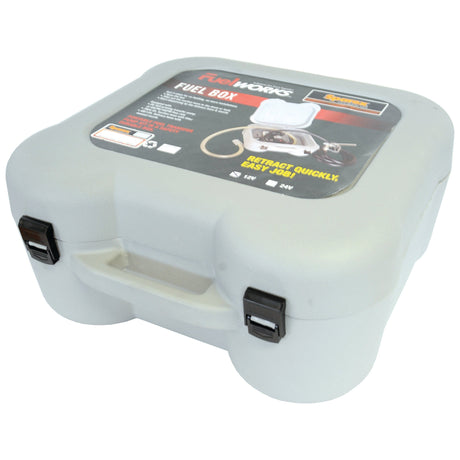 Square-shaped Portable Fuel Transfer Kit - S.28984 by Sparex, featuring a white body and two black latches on the front. The lid displays product details and usage instructions.