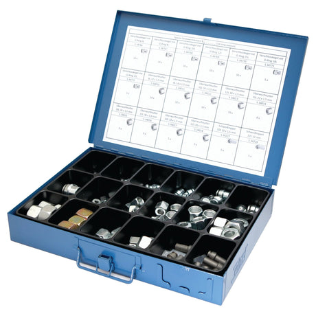 The Sparex Blanking Plug & Union Nut Handipak (136 pcs.), Part No. S.28986, is a blue metal case with a hinged lid containing various nuts and bolts, including Union Nuts, each compartment neatly labeled. The inside of the lid features a chart detailing the contents.