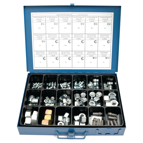 The Sparex Blanking Plug & Union Nut Handipak (136 pcs.), part number S.28986, includes an assortment of nuts, bolts, washers, blanking plugs, and other fasteners arranged by size and type in a blue metal case with various compartments. A detailed chart is displayed inside the lid for easy reference.