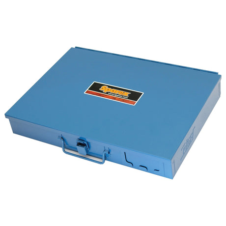 A closed blue metal toolbox with a handle and a label on top, perfect for storing the Blanking Plug & Union Nut Handipak - (136 pcs.), Sparex Part No. S.28986 by Sparex.