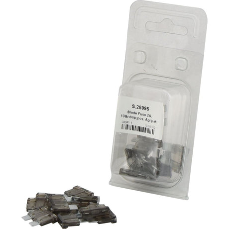 A clear plastic pack containing blade fuses labeled "2.0A 10 pcs. Agripak | Sparex Part No.S.28995" and additional loose Grey Blade fuses scattered in front of the pack, all under the Sparex brand.