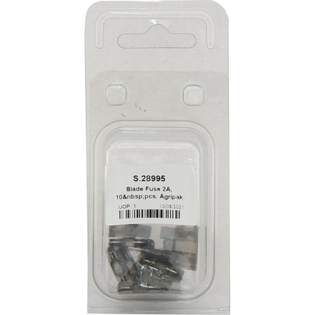 A clear plastic package from Sparex contains ten 2.0A blade fuses labeled "Blade Fuse 2.0A, 10 pcs. Agripak | Sparex Part No.S.28995." The grey blade fuses are visibly secured inside the packaging.