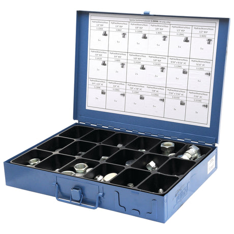 The Sparex Blanking Cap Handipak (78 pcs.), with part number S.28998, comes in a metal case featuring an open lid that reveals a compartmentalized tray containing various metal fittings, including BSP Caps. For quick reference when working on Sparex machinery, a chart detailing part specifications and quantities is conveniently attached to the inside of the lid.