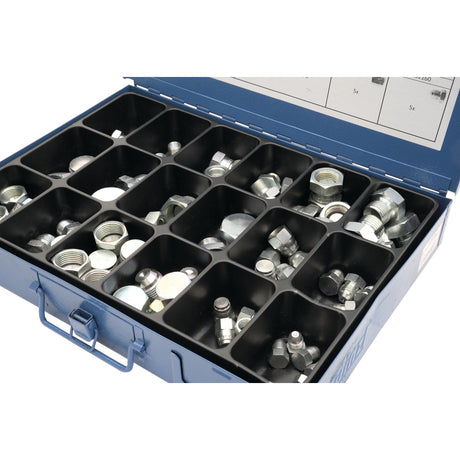 A blue metal case with multiple compartments contains various bolts, nuts, washers, fasteners, and a selection of Blanking Cap Handipak (78 pcs.), Sparex Part No. S.28998 from the brand Sparex.
