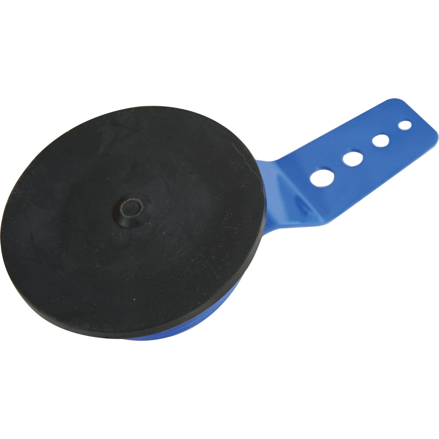 The Suction Monitor Pad - S.29008 by Sparex is a blue plastic tool designed with a flat, round black suction cup at one end and three circular holes in the handle, making it ideal for various household tasks.