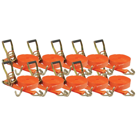 Ten Sparex Load Binder - Standard Range ratchet straps, each 10 meters in length with J hooks, arranged in rows and ideal for various securing tasks. Pack of 10 pcs (S.29010).