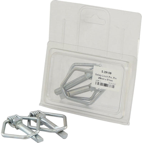 Two metal safety linch pins in a clear plastic package, labeled "Safety Linch Pin, Pin Ø8mm x 57mm | Sparex Part No.S.29109," with two additional spring retained linch pins placed outside the package.